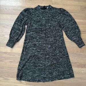 LOFT Black Melange Puff-Sleeve Short Sweater Dress Small